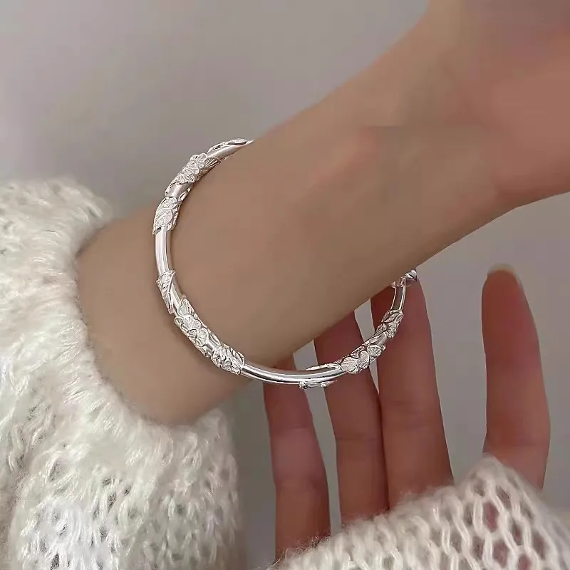 silver 925 winding Engraved flower Embossed bracelet for women Retro Chinese style bracelets push-pull style banquet jewelry