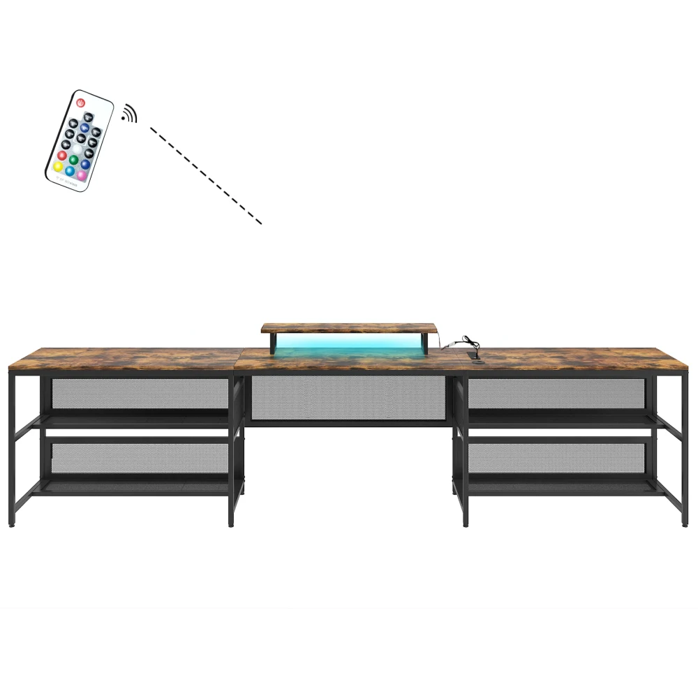 U-shaped Desk with Shelve and LED Lights Shaped Desk with Power Outlets and USB Charging Ports with Storage Shelves Gaming