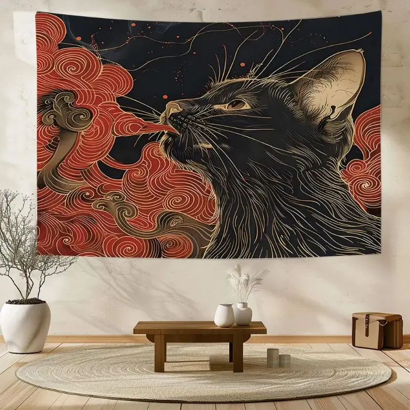 VIKAMA Retro Japanese Black Cat Tapestry Oriental Style Art Wall Hanging Living Room Bedroom Niche Atmosphere Home Decoration