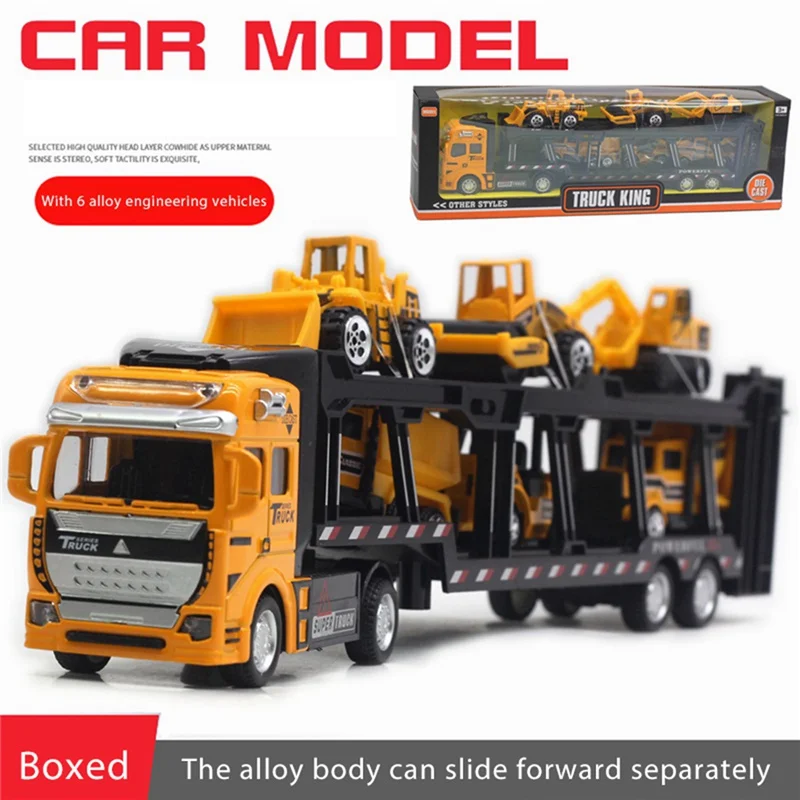 Big Container Transporter Playset With Play Mat & 6pcs Mini Engineering Vehicle Car Model Toys For Kids Boys Gifts