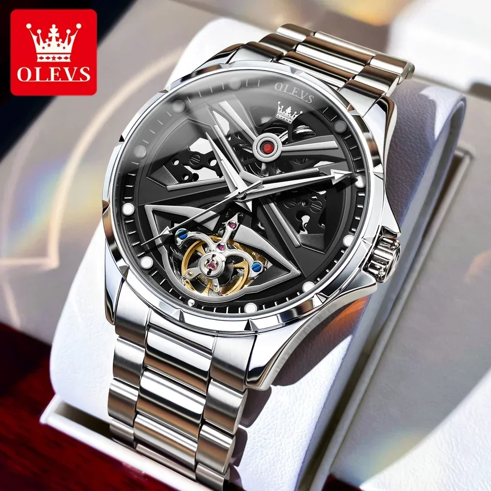 OLVES Top Brand Watch For Men Original Automatic Luminous Skeleton Fashion Big Dial Personality Mechanical Stainless Wristwatch