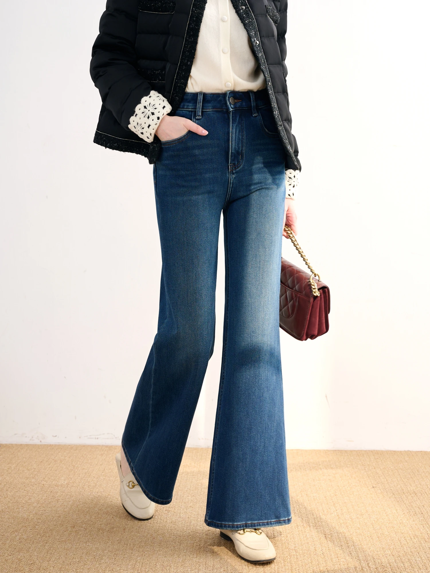 

JPOO High Waist Flared Jeans Long Velvet Cotton Blended Yarn Fce Lined Straight Leg Jeans High Elastici Commute Sle