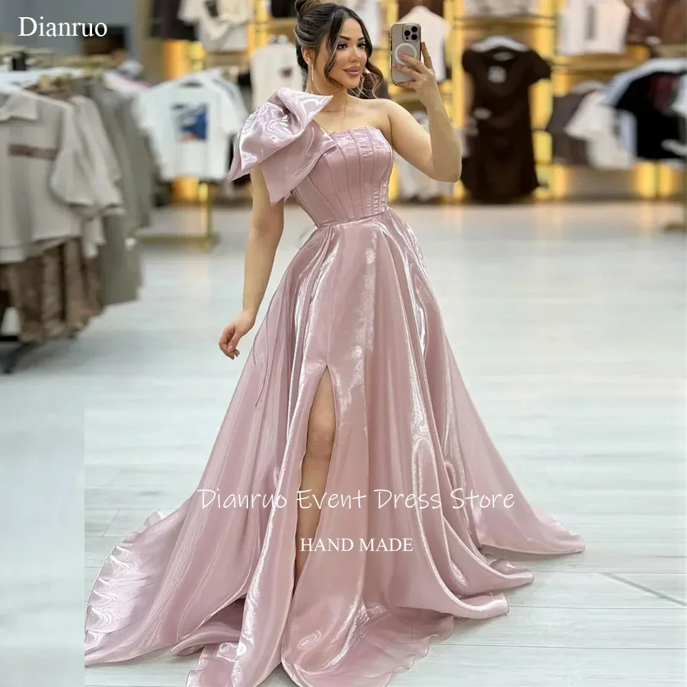 

Dianruo One Shoulder Graceful Evening Dresses Satin Side Slit Vestidos De Fiesta Bow A Line Lace Up Long Prom Dresses Customized
