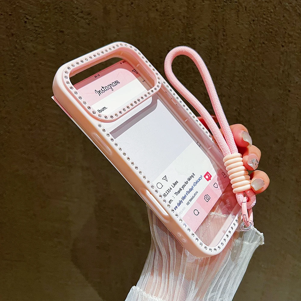 Luxury Diamond With Lanyard Transprent Phone Case For iPhone 11 12 13 14 15 16 17 Pro Max Air Shockproof Wrist Strap Cover view 3