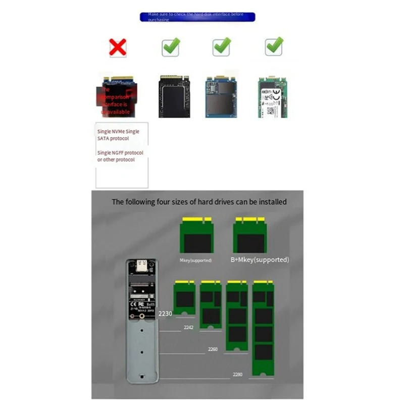 Алюминиевый твердотельный накопитель M.2 с поддержкой Nvme/NGFF SATA TYPE-C USB3.2 GEN2 Алюминий 10G Двойное соглашение Пространство Серый Прочный Простой в использовании