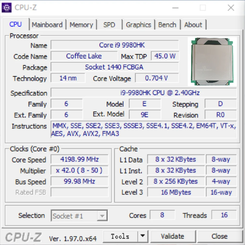 Процессор 9TH COFFEE LAKE I9-9980HK SRFD0(NO ES) 2,4 ГГц, модифицированный процессор 8C16T Liquid Metal IHS (см. i9 9900)