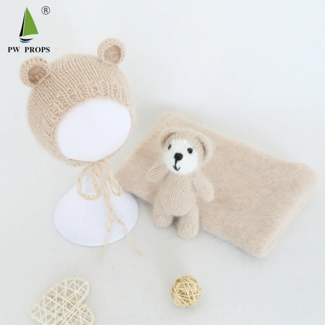 

Игрушка плюшевого мишки ручной работы и чепчик, ангола, реквизит для фотосъемки новорожденных, мягкая детская шапка и игрушка, комбинированная для фотосессии