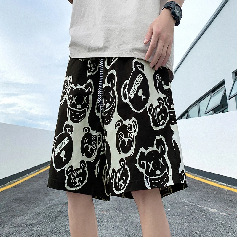 

Ice Silk Men's orts Qui Dry Loose Large Size Sport Mid-Pants Bear Print Casual Spwear Five-Quarter Length Elastic Waist