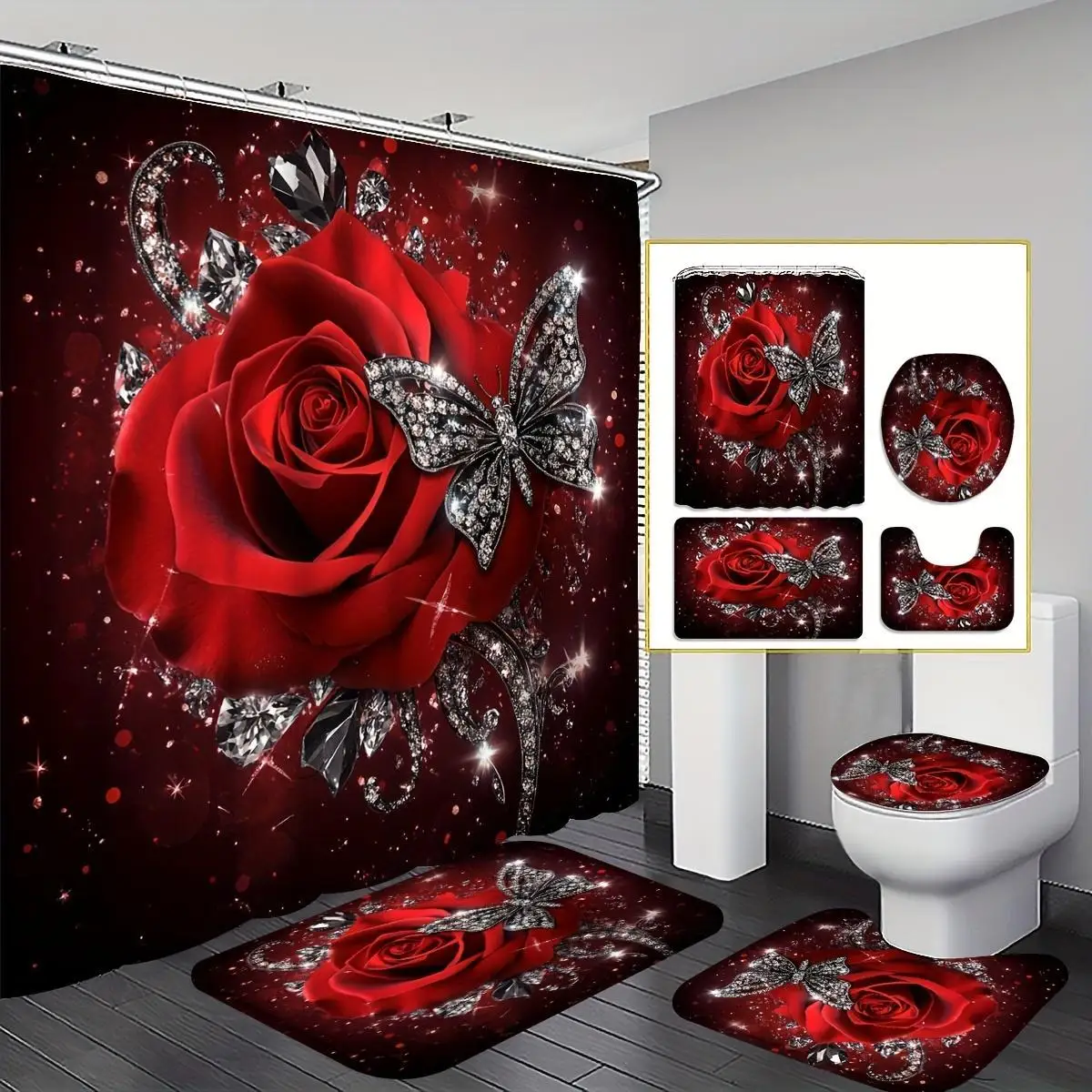 4pcs Shower Curtain Sets with Shower Curtain, Non-Slip Rugs, Toilet Lid Cover and Bath Mat, Set of 4pcs Crystal Rose Shower Curtain, Featuring Red Roses And Butterflies for Bathroom Decoration, Includes A, U-Shaped, Toilet Lid Cover, And 12 Hooks,