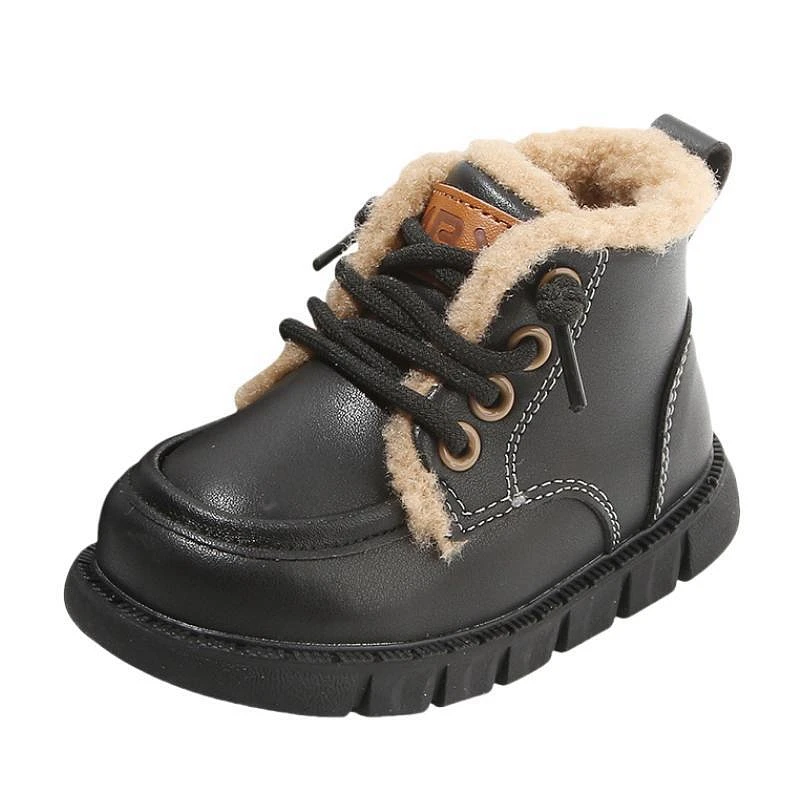 Botas de nieve de alta calidad para niños, zapatos informales de invierno para niñas, color negro liso y marrón, caminantes infantiles de suela suave con terciopelo