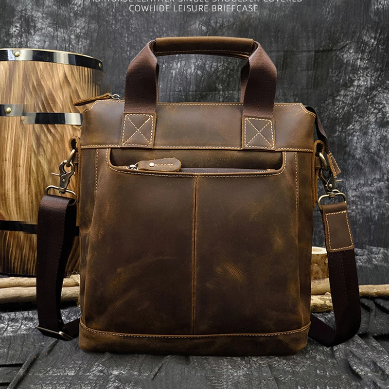 

New men's genuine leather bag luxury handbag vertical style crazy horse leather briefcase casual crossbody shoulder bag