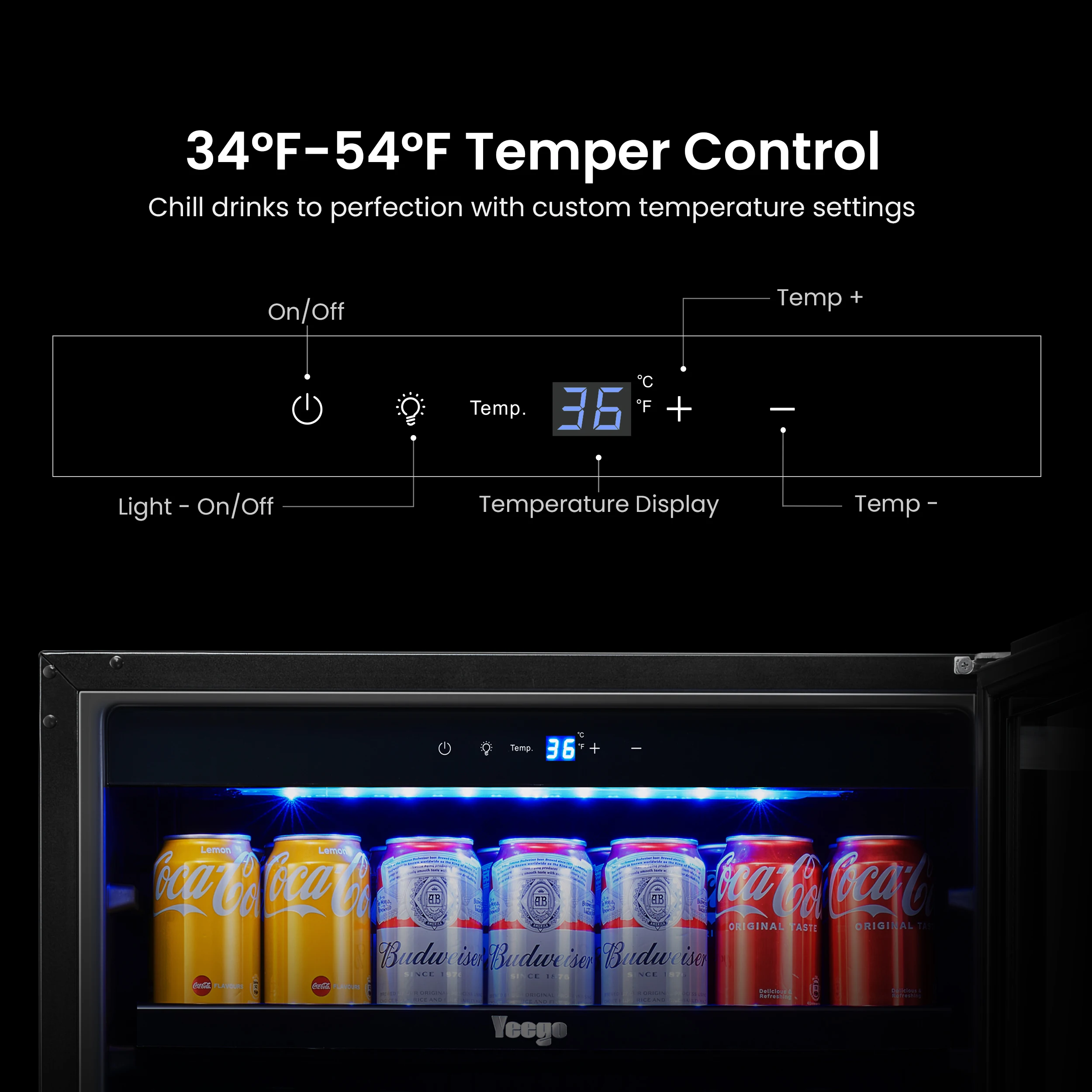 Yeego 140-Can مبرد المشروبات والثلاجة - تبريد الضاغط، 34-54 ° باب فولاذي F، مدمج هادئ/قضيب قائم بذاته للمنزل والبار