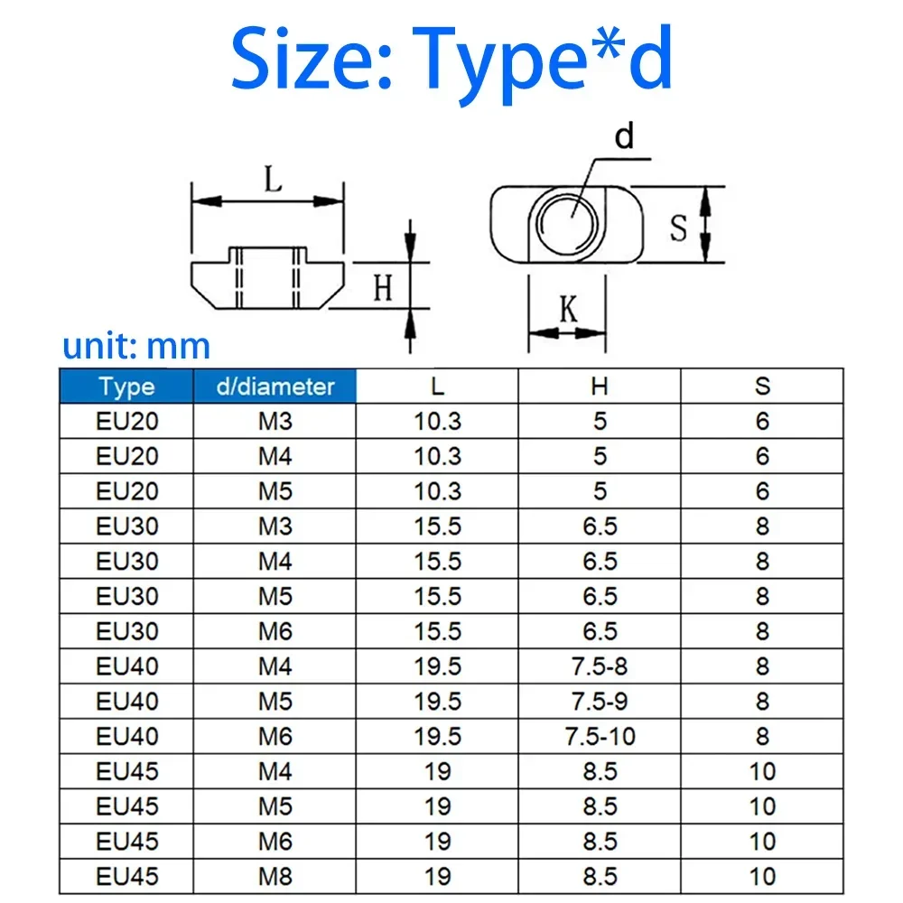 10-50 M3 M4 M5 M6 M8 M10 Slot T-nut Sliding T Nut Hammer Drop In Nut Fasten Connector For Aluminum Extrusion EU30 EU35 EU40 EU45