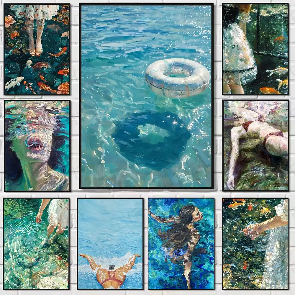 

Summer Pool Oil Painting Poster Home Living Bed Room Bar Hallway Sticky Wall Art Printing Waterproof Aesthetic Decor