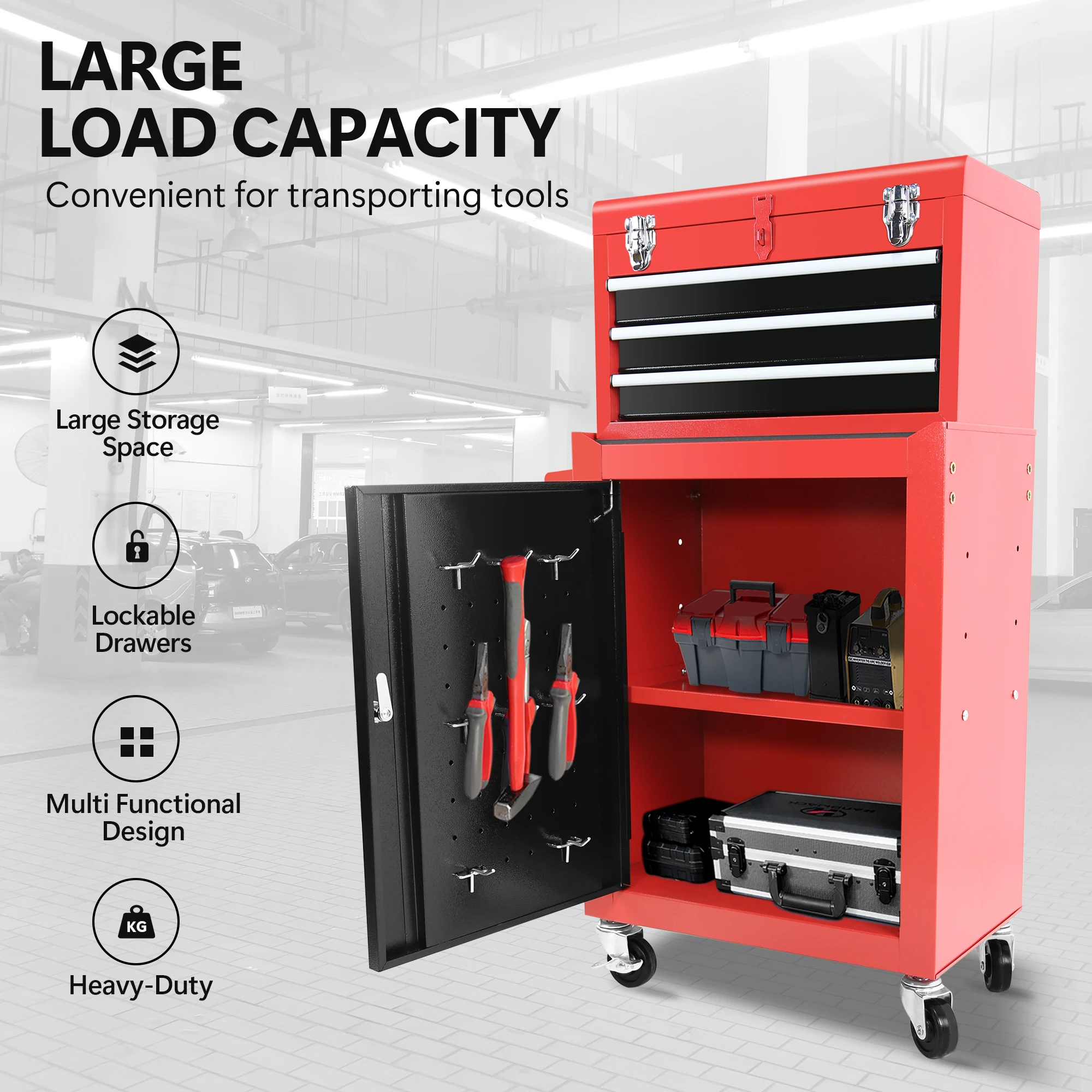 3-Drawer Rolling Tool Chest with Wheels, Tool Chest with Large Storage Cabinet and Adjustable Shelf