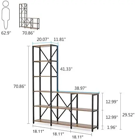 9 Shelves Bookshelves, Industrial Ladder Corner Etagere Bookcase, Rustic 6-Tier Display Open Shelf Storage Organizer for Living