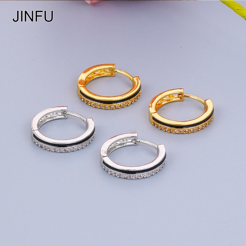 JINFU Gold-plated Hoop Earrings for Women Fashion Piercing CZ Zirconia Black Enamel Women Hoop Earrings 2023 Jewelry Wholesale