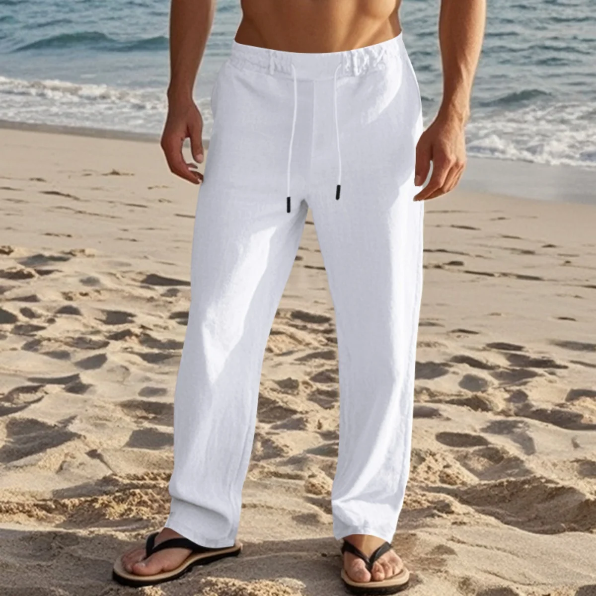 

Men's American-Style Drawstring Casual Trousers 2025 New Model Simple Fashionable Solid-Color Straight-Leg Linen Beach Pants