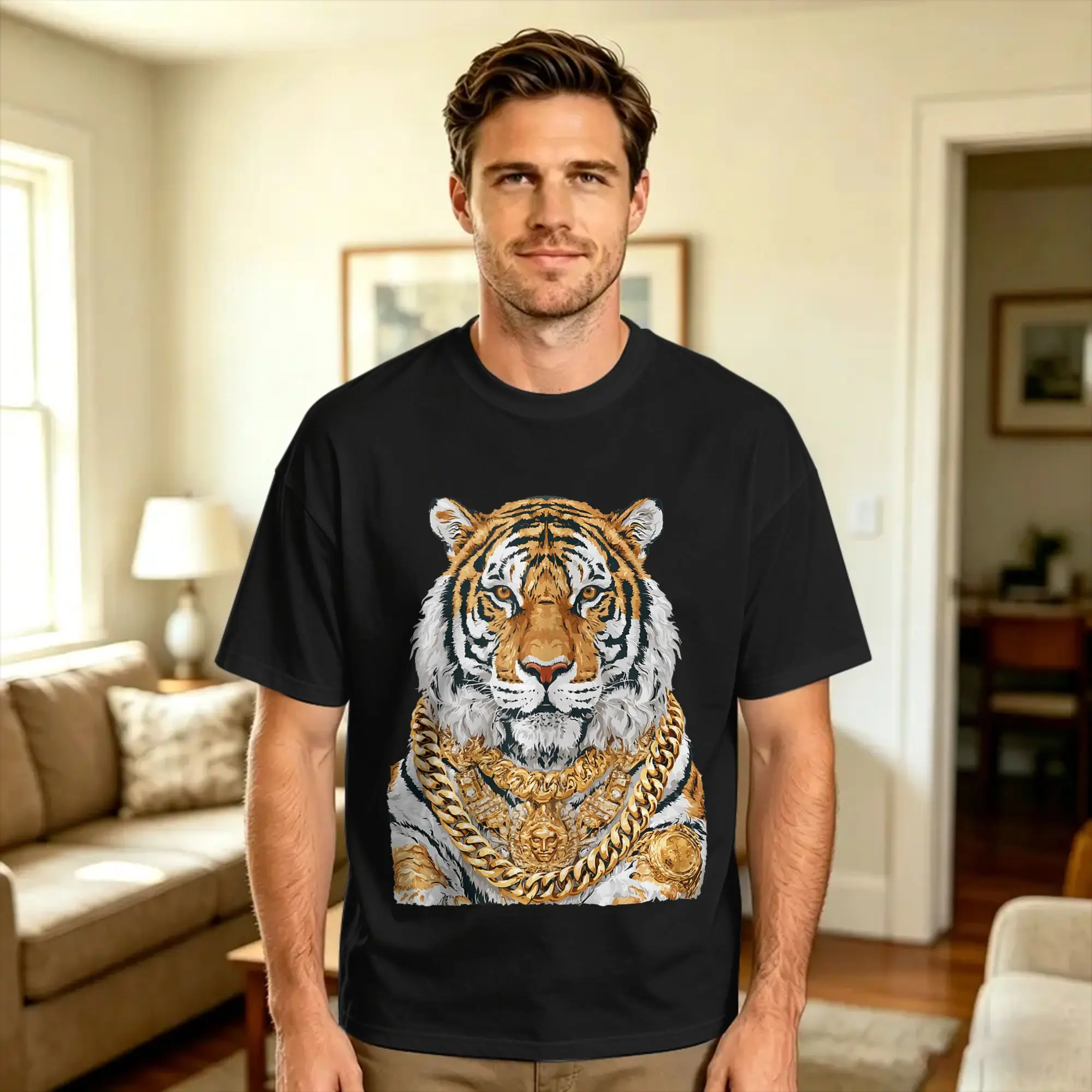 Glam Tiger Portrait Glamorous Feline Animal T Shirt Summer  Y2K Basic T Shirts 100% Cotton Harajuku Tshirt For Men Casual Tees