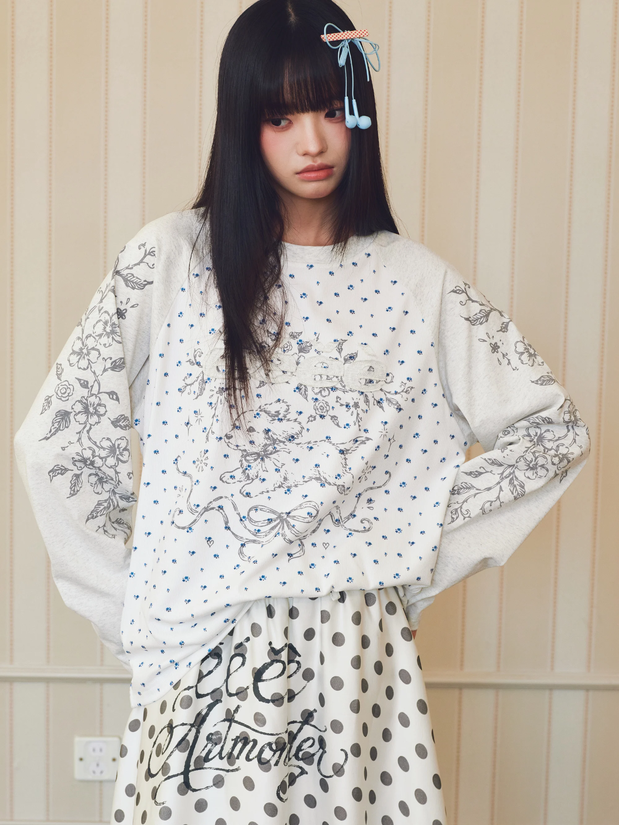 Floral Patchwork Long Sleeve T-Shirt 'Flower House Dog' Design Letter Print Base Shirt for Dogs Autumn Season Unisex round Neck