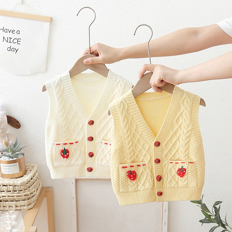 Children's Sweater Vest Girls Strawberry Cardigan Sleeveless Sweaters Coat Autumn Winter Baby Girl's V-neck Knitted Waistcoat