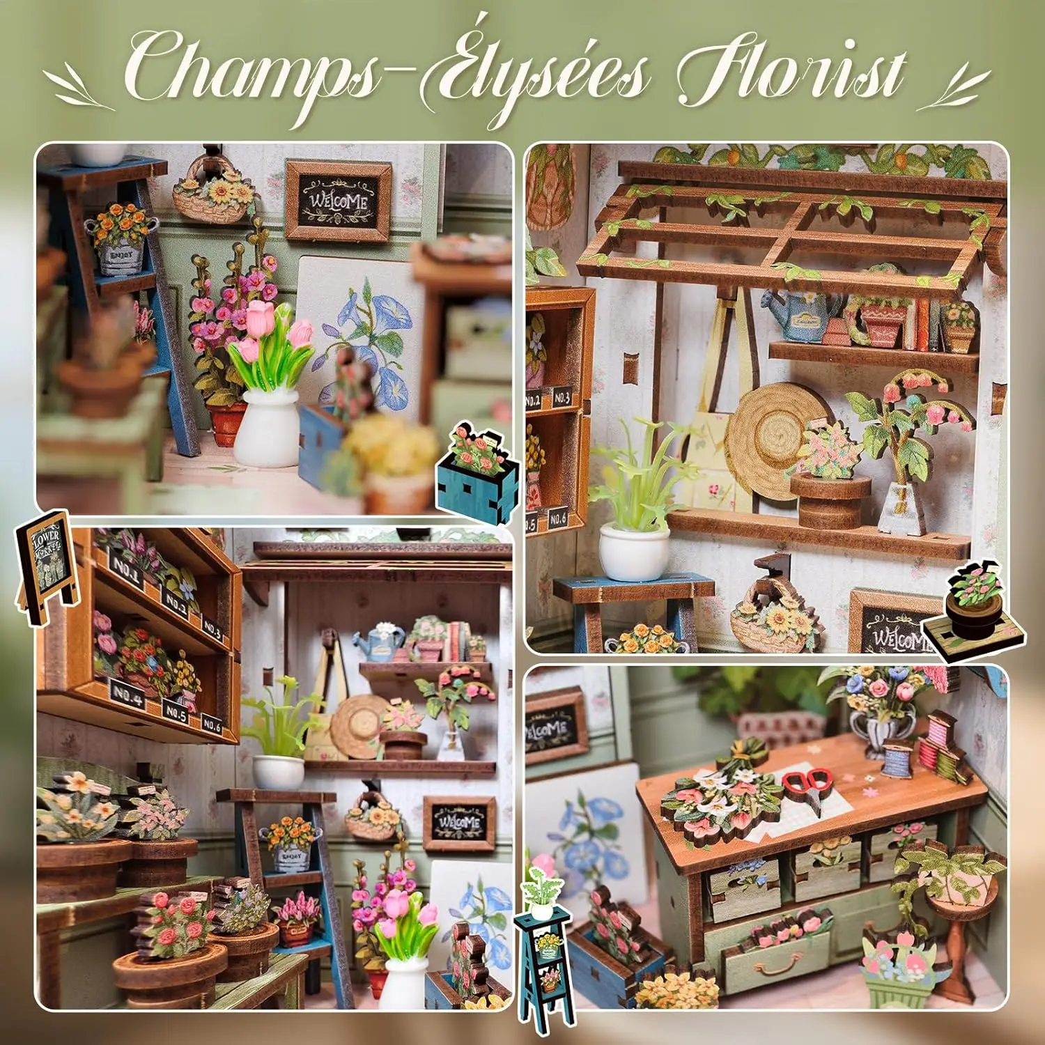Kit de maison miniature DIY pour adultes et adolescents, puzzle 3D en bois pour coin lecture (Fleuriste des Champs-Élysées)