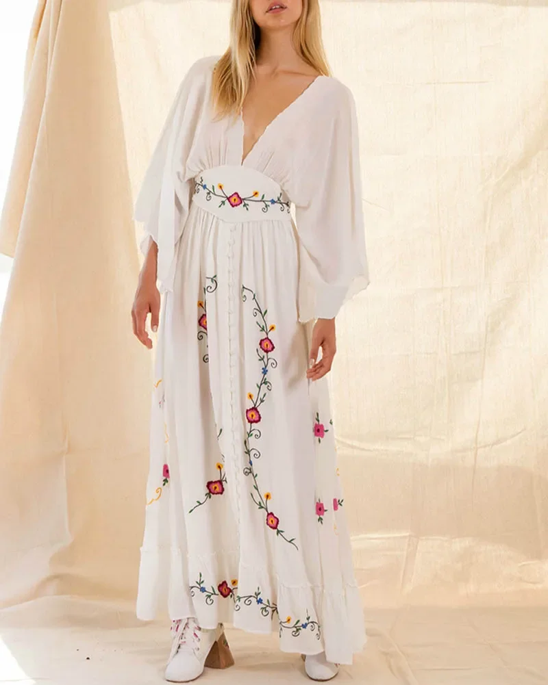 Flare Long Sleeve Deep V-neck Maxi Dresses Women Vintage Cotton Rayon Embroidered White Autumn Vestidos Casual Boho Long Robe