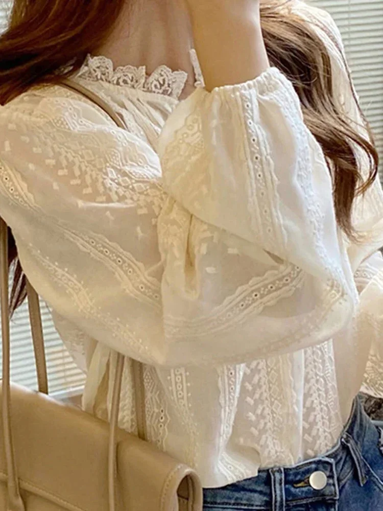 French Fashion Women\'s Long Sleeved Lace Shirt Korean Edition Sweet Versatile Standing Collar Women Casual and Unique Shirt Top