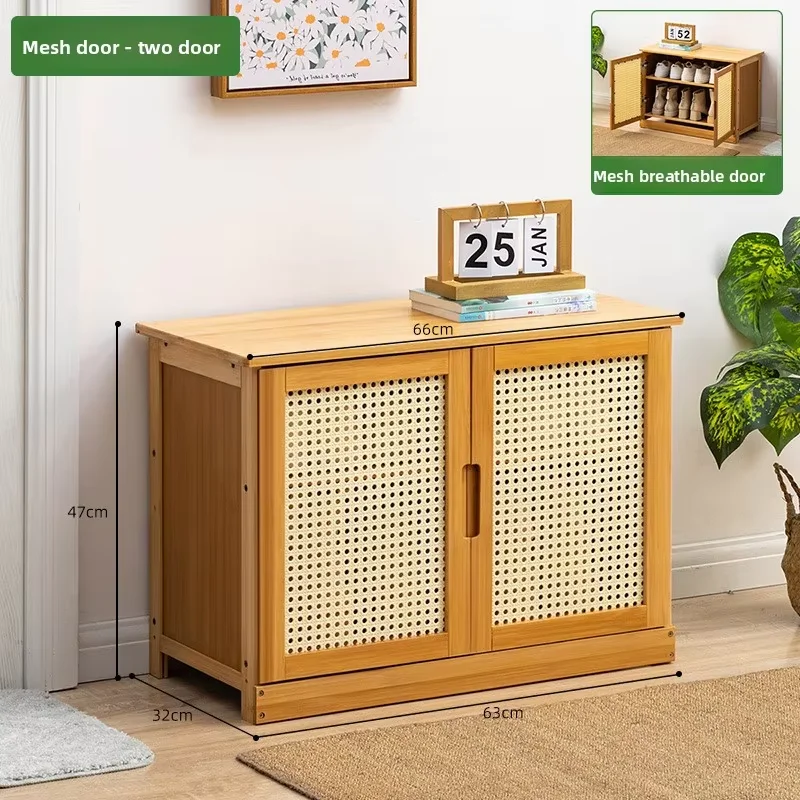 Modern minimalist double-layer shoe cabinet, shoe changing stool, wicker mesh breathable door shoe cabinet, storage cabinet