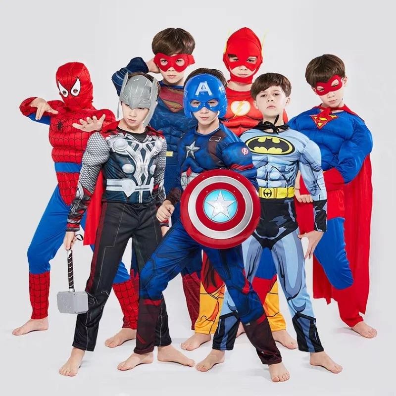 Boys Muscle Chest Hero Cosplay Costumes Superhero Jumpsuit Kids Halloween Party Outfits