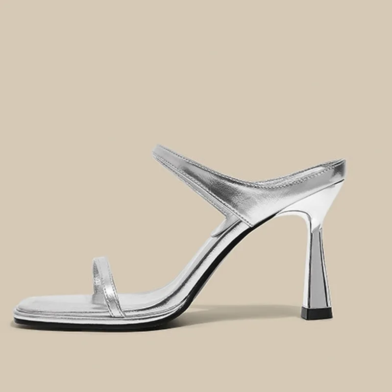 

New Black and Silver Minimalist High-heeled Sandals Summer Women's Open Toed Elegant Temperament Fashion Versatile Slippers