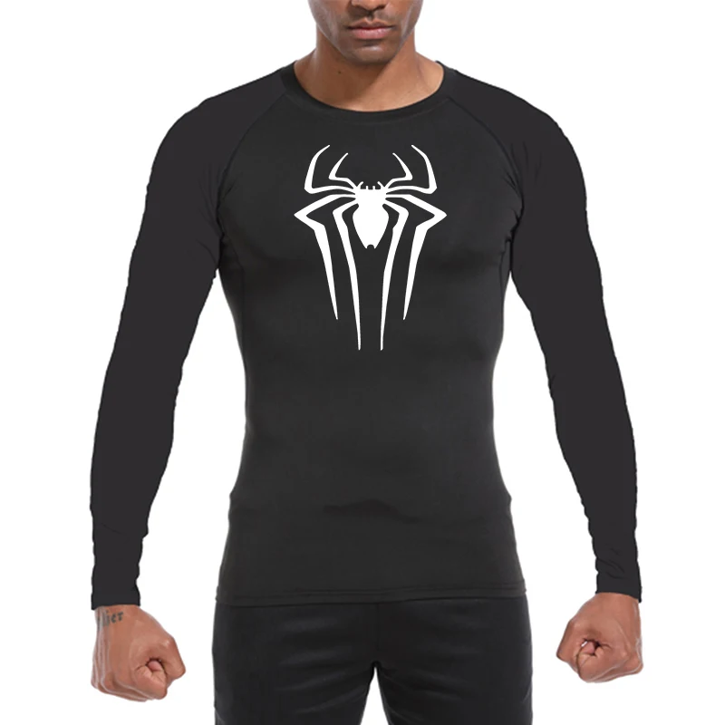 Spider Print Compression Shirts for Men Gym Workout Long Sleeve Rash Guard Athletic Quick Dry Baselayers Undershirts Tight Fit