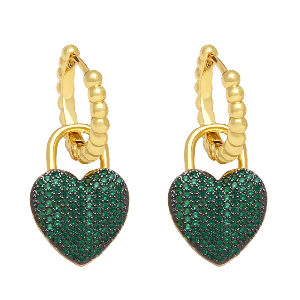 FLOLA Gold Plated Beads Hoop Heart Earrings for Women CZ Green Heart Dangle Earrings Lover Jewelry Valentine Gifts ersa322