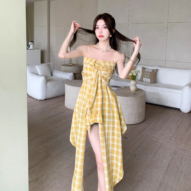 Women's Summer Dress 2024 Office Lady Korea Style Plaid Sleeveless Bow Spaghetti Strap High Waist Yellow Dresses