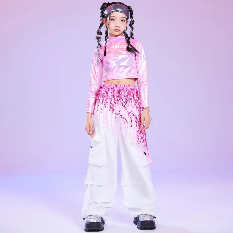 Kid Cool Hip Hop Clothing Pink  Long Sleeved Pullover White Large Pocket Workwear Long Pants Pink Sequin Waistband Tage Set