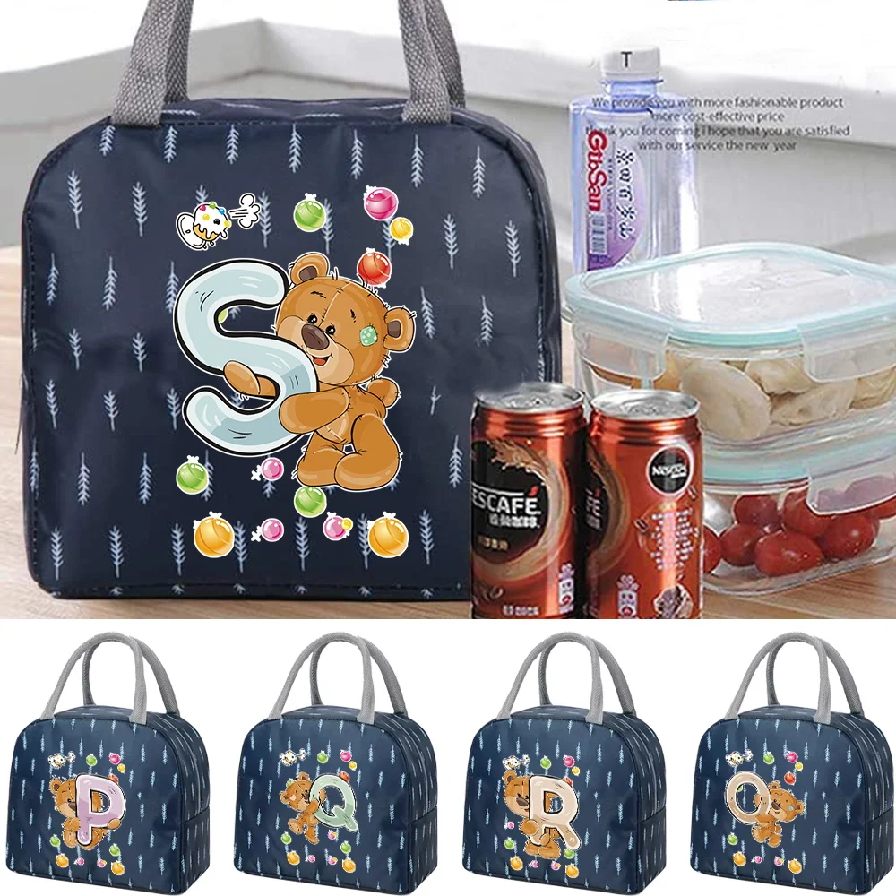 Cooler Bag Leaf Pattern Portable Zipper Thermal Lunch Bags Bear Letter Print Insulated Freezer Bag Camping Picnic Food Bag Tote