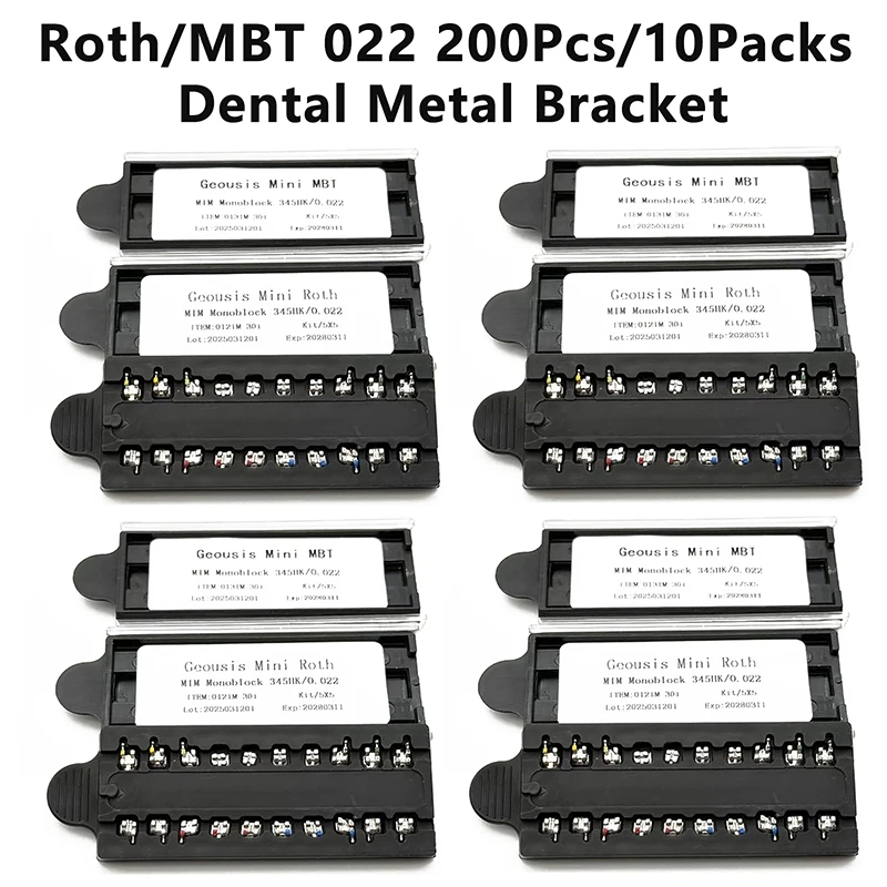 🌟 200 Piezas/10 Cajas de Brackets Dentales Metálicos Monoblock Mini Roth MBT 022 345 con Gancho, Materiales de Tratamiento Dental