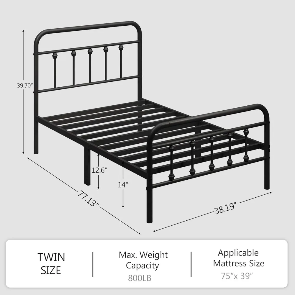 Twin Metal Platform Bed Frame with Victorian Headboard, Steel Slat Support, Easy Assembly, Underbed Storage