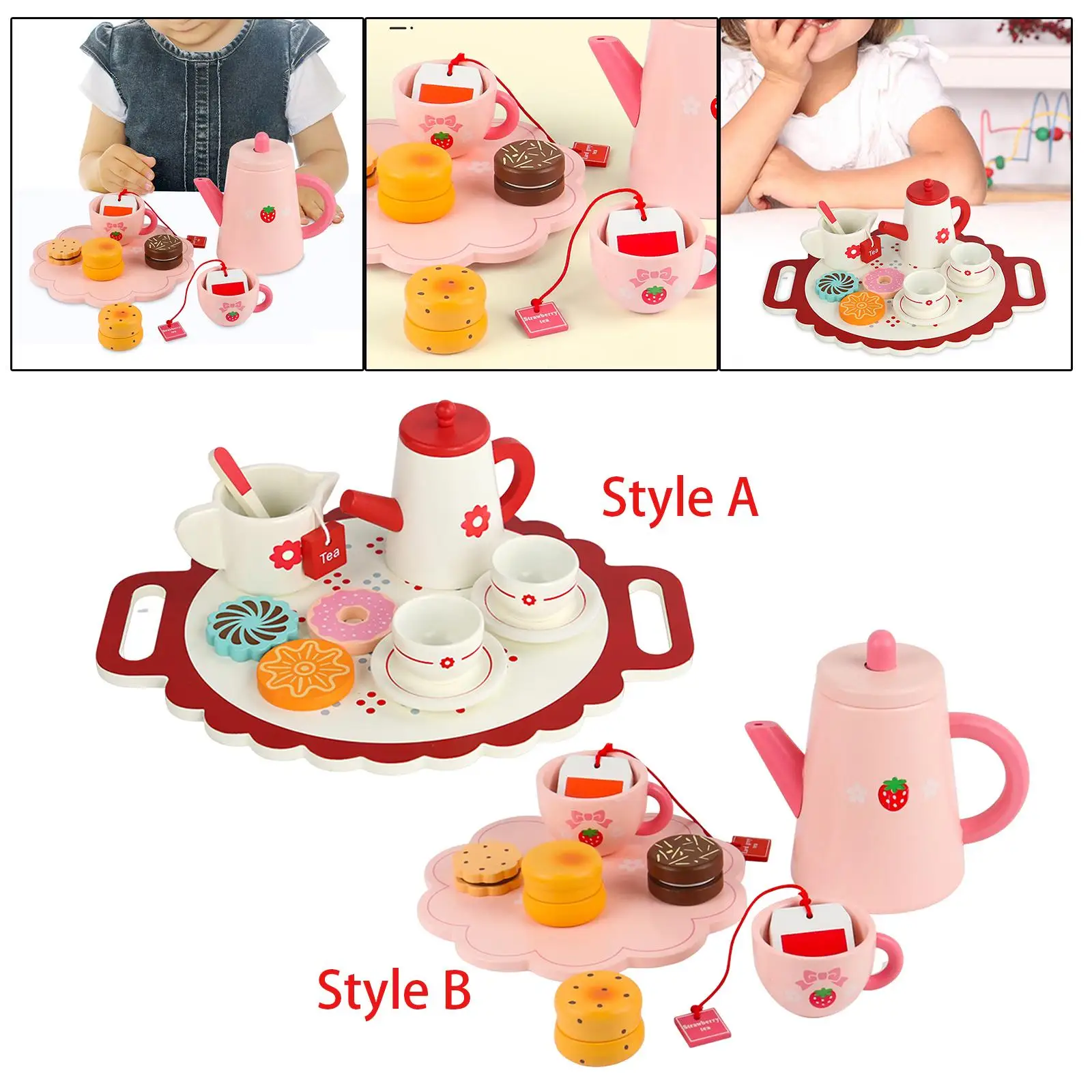 Jouets artisanaux en bois pour enfants, gâteau, service à thé en bois avec accessoires, ensemble de jeu, support à gâteaux en bois, ensemble à thé