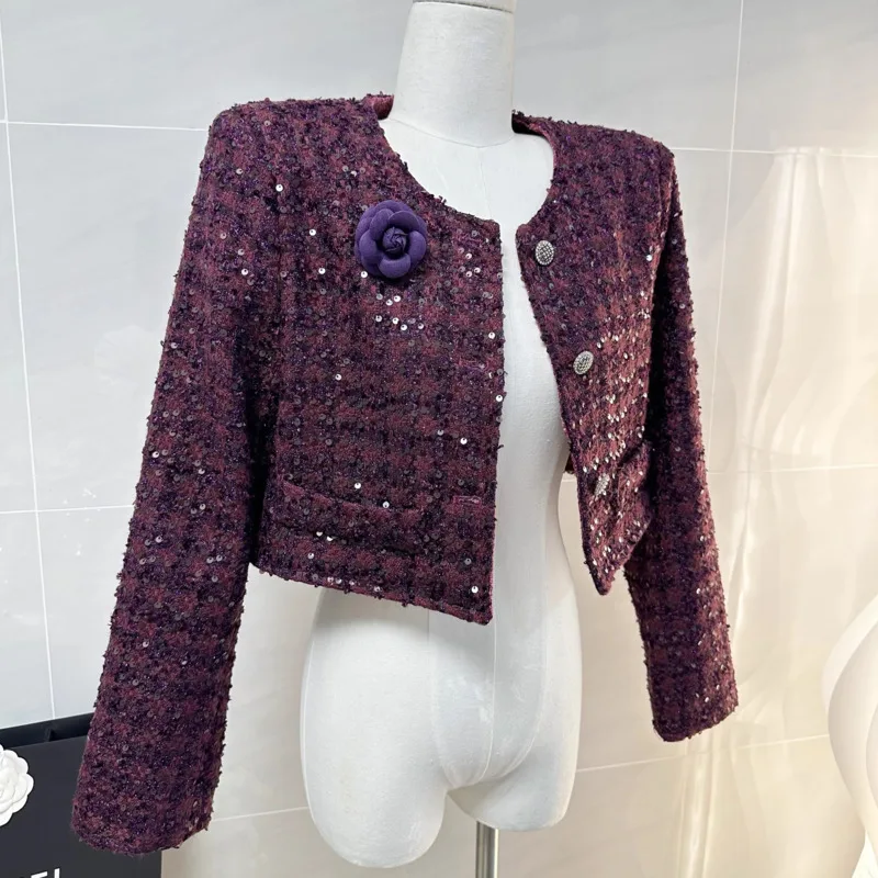 Early Autumn New French Luxury Sequins Tweed Coats Fashion Vintage 3D Flower Short Jackets For Women Elegant Fashion Outerwears