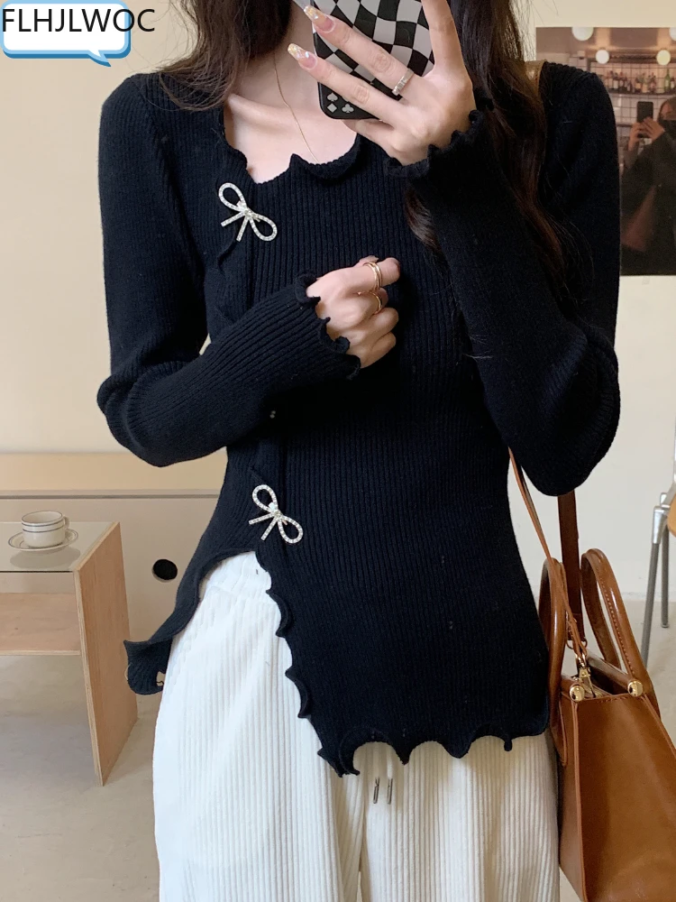 Irregular Split Fungus Edge Knitted Sweater Women\'s New Style Chic Korea Slim Fit Bodycon Sexy Bling Bead Bow JumperS Pullovers