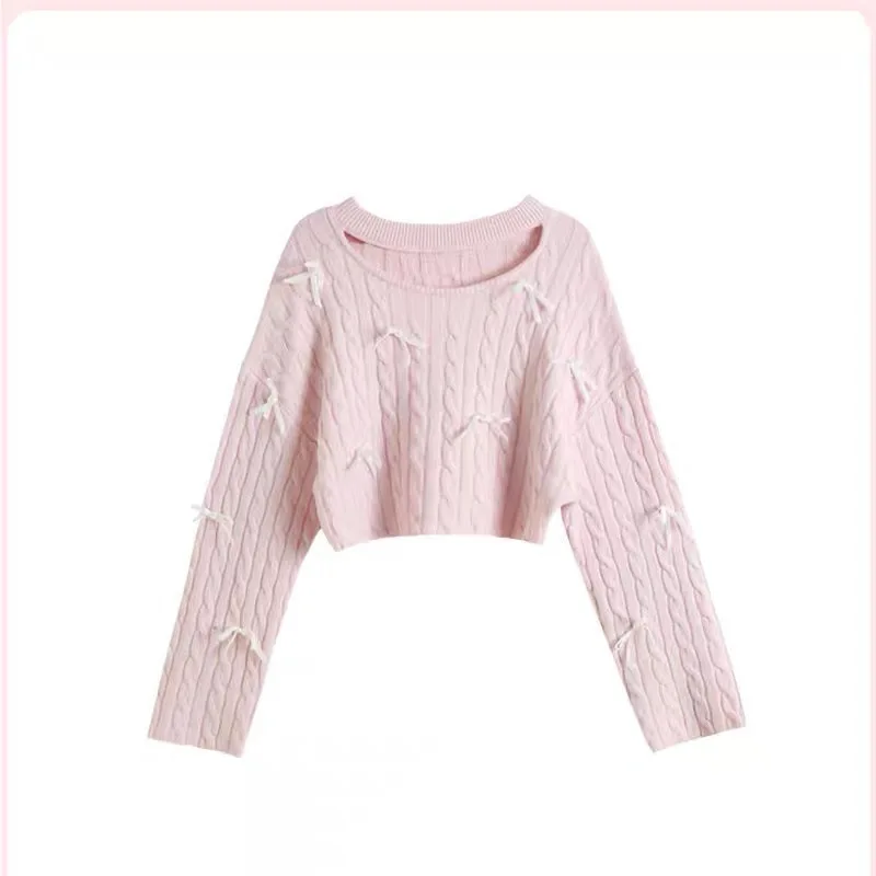 Autumn and winter Japanese S family's new bow knot nail beaded puff feeling knitting hole digging Fried Dough Twists sweater