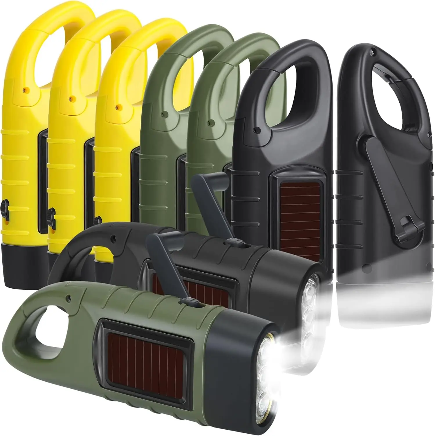 

9-Piece Solar Hand Crank Flashlight Set for Emergencies, Outdoor Hiking Camping in Black Green Yellow