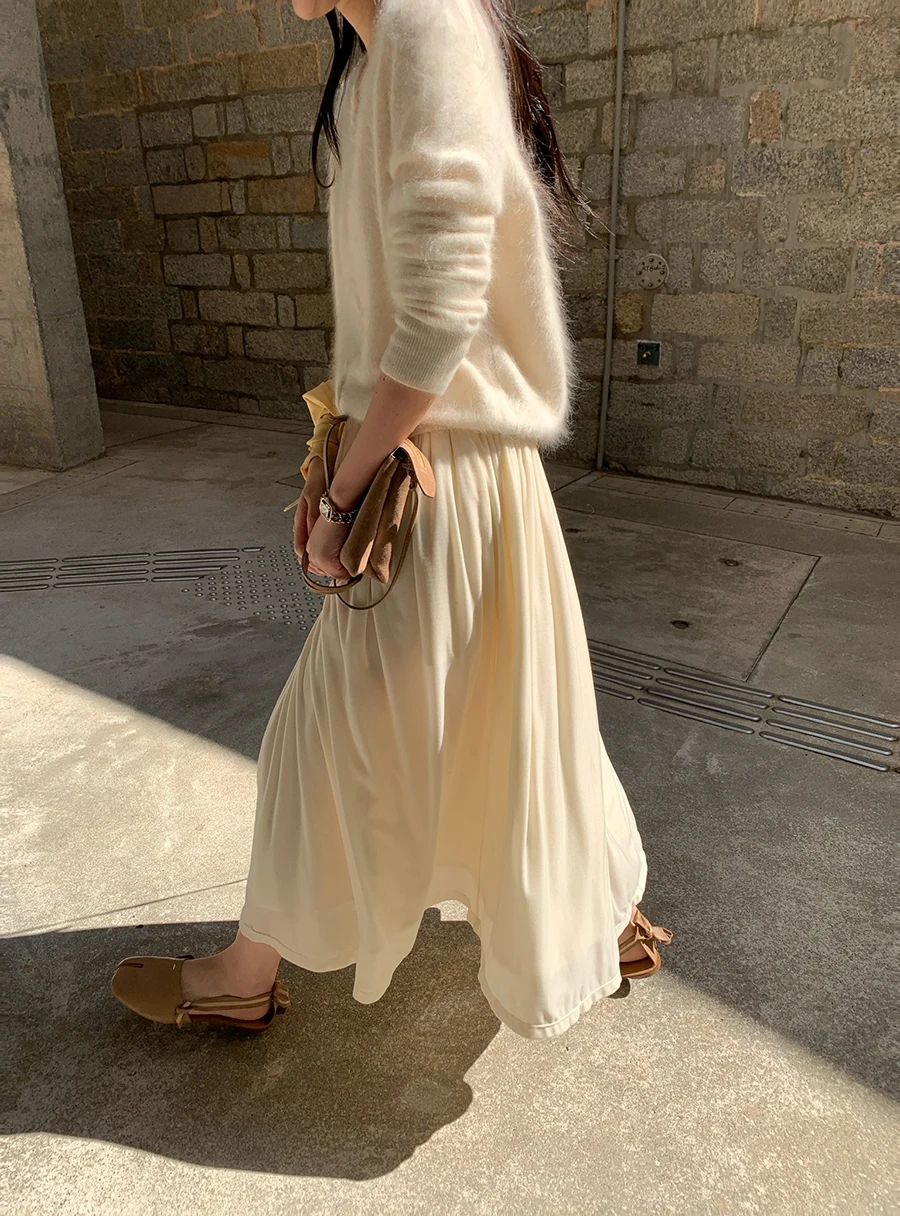 

Isaro Uu Free-Belted Velvet Skirt Elegant Milk White A-Line Midi Skirt Women's Skin-Friendly Breathable Gathered Waist Design