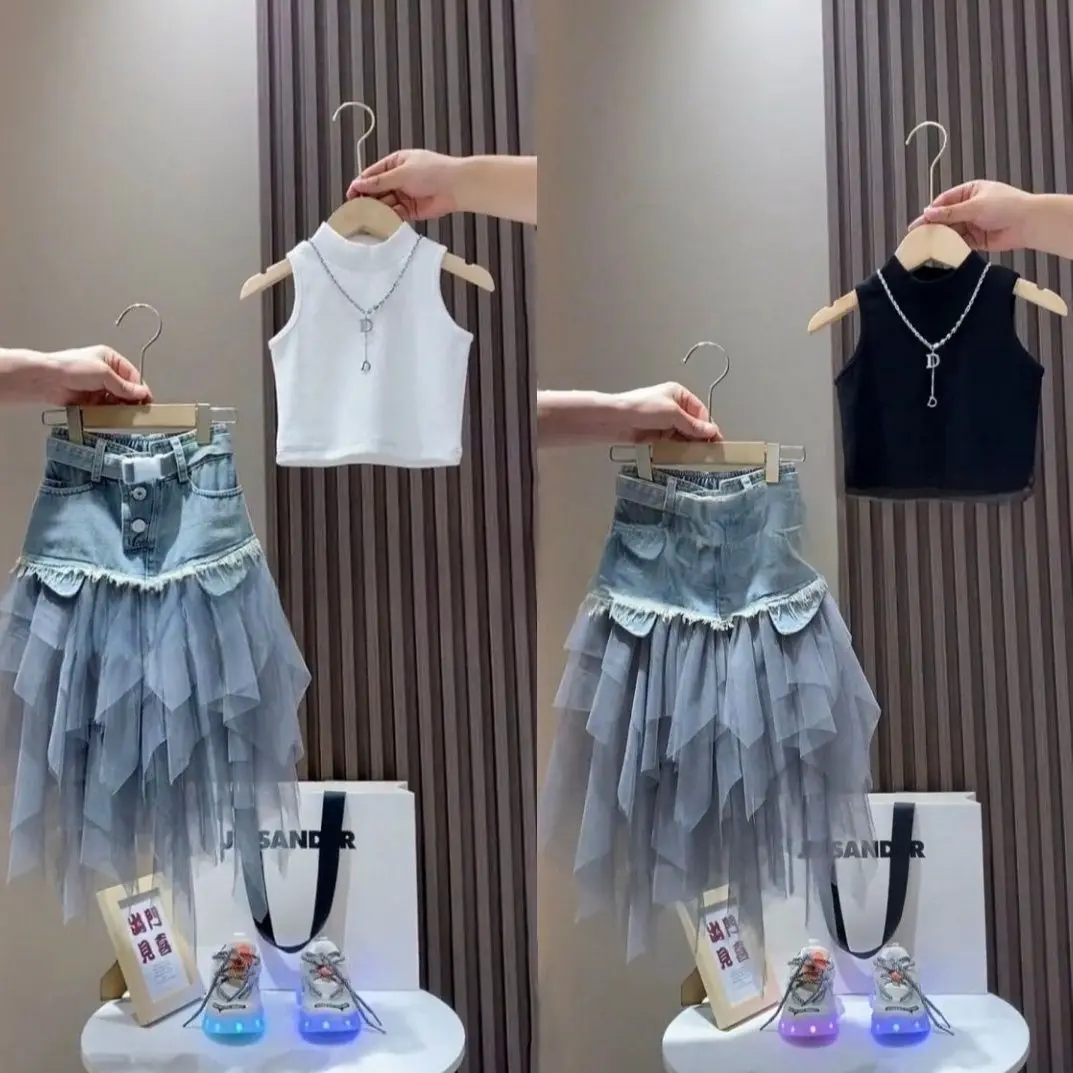Girls' Summer New Set 2025 Korean Version Baby Girl Tank Top Mesh Splicing Cowboy Skirt Set kids jacket