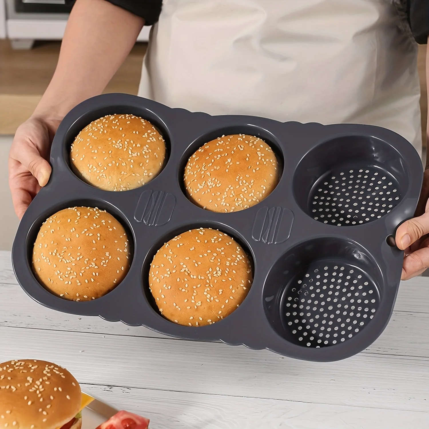 

F2 6 Cavity Non-stick Hamburger Bun Mould Foldable Reusable Bread Mould ‑40℉ to +446℉ Heat Resistance Baking Mould for Kitchen