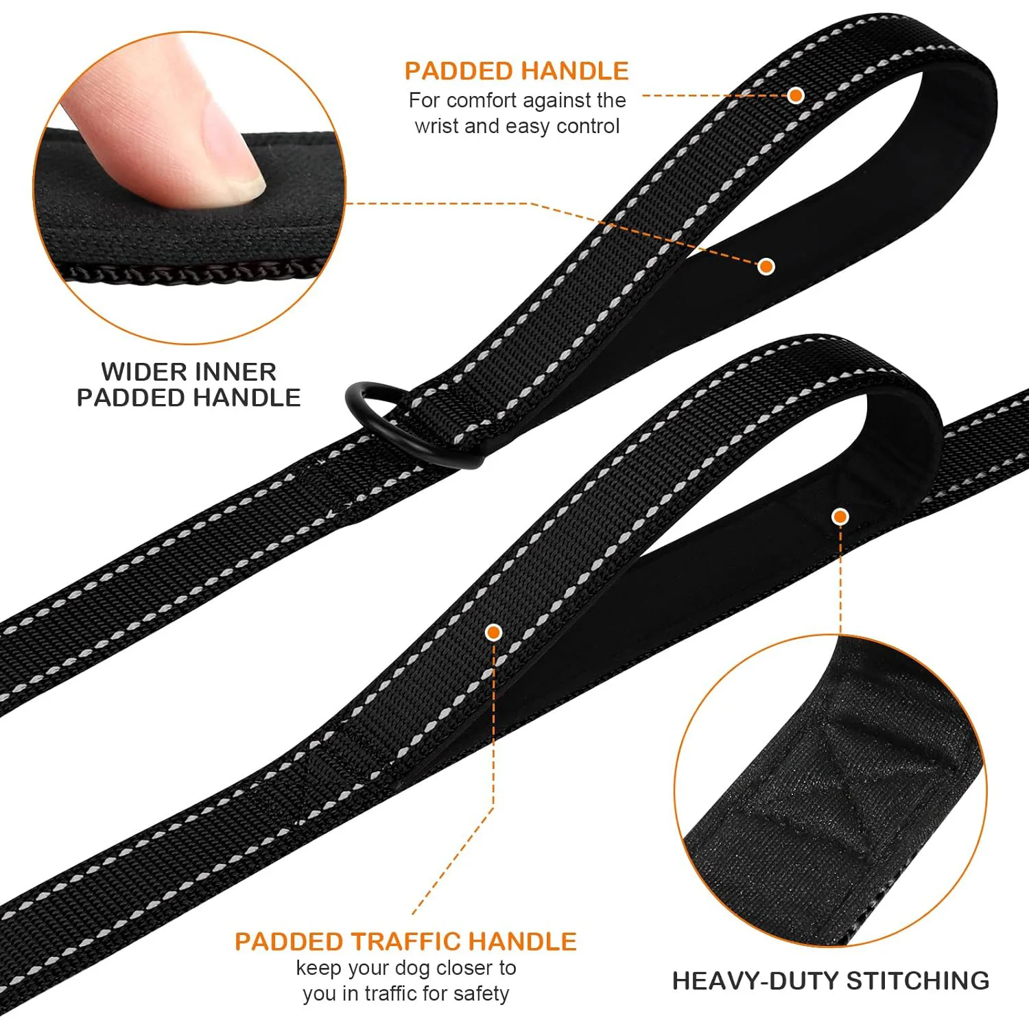 Heavy Duty Double Handle Dog Leash with Reflective Strips for Night Safety - Ideal for Large and Extra Large Breeds - Perfect fo