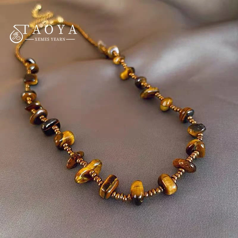 High end Natural Tiger Eye Stone Bead Necklace Light Luxury Wweater Chain 2025 New Popular Collarbone Chain Accessory For Women