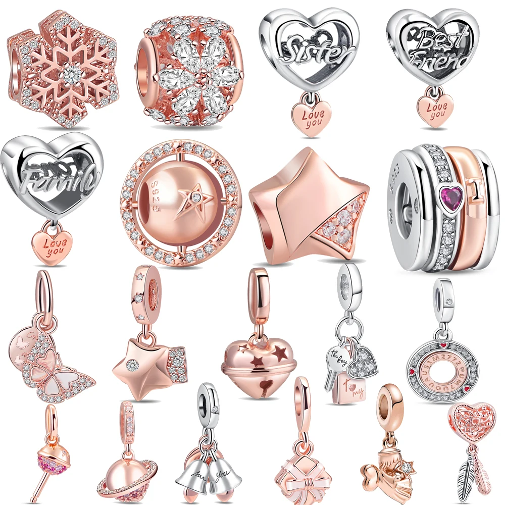 

Позолоченное розовое золото, стерлинговое серебро 925 пробы, сверкающее перо, звезда, карета, висячие подвески, ювелирные изделия из бисера, подходят для оригинального браслета Pantora