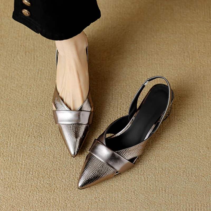 NEW Summer Women Sandals Genuine Leather Shoes for Women Cover Toe Slingback Shoes Narrow Band Pointed Toe Low Heel Women Shoes